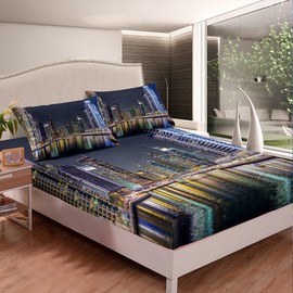 Loussiesd New York City American Style City View Fitted Sheet Set 4 Pieces Includes 1 Flat Sheet and 1 Flat Sheet with 2 Pillow Cases Soft Double