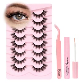 Fyonas Lashes Wispy False Eyelashes Cat Eye Lashes Natural Look Lightweight Fake Lashes 8 Pairs C Curl Strip Lashes 8-14mm Lash Kit with Lash Glue and Tweezers (Sweetie)