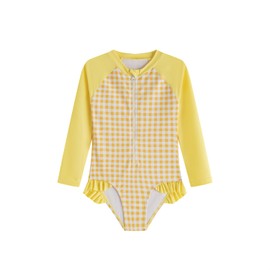 LIZENS Girls' One-Piece Swimwear Rash Guard Swimsuit Zipper Bathing Suits Long Sleeve Ruffle Girl Full Cover Flower Print(LG20-6,5-6T) Yellow