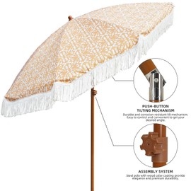 AMMSUN 7ft Patio Umbrella with Fringe Outdoor Tassel Umbrella UPF50+ Premium Steel Pole and Ribs Push Button Tilt, Retro Bohemian