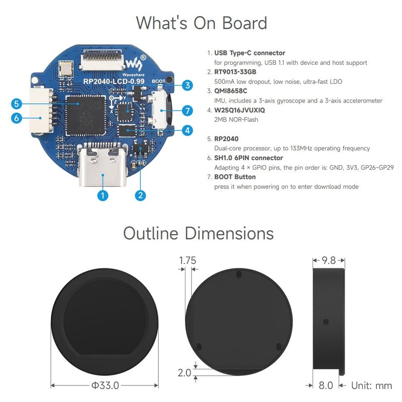 Waveshare RP2040 MCU Board, With 0.99inch Round LCD, Accelerometer And