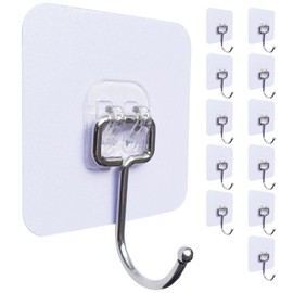 Yukrilt 12PC Adhesive Wall Hooks Heavy Duty Larger Sticky Hooks for Hanging Towels, 22lb(Max) Transparent Bathroom Kitchen Removable Self Adhesive Hooks