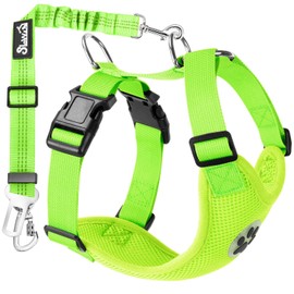 SlowTon Dog Seat Belt Car Harness Set - Adjustable Dog Seatbelt with Carabiner for Most Cars, Breathable Dog Vest Harness Padded with Car Safety Leash for Small Medium Large Dogs Puppy (Lime Green,M)
