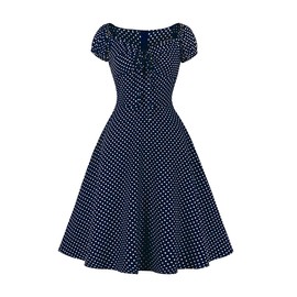 Women 50s 60s Vintage Ruched V-Neck Cocktail Swing Dress Sweetheart Polka Dot 1950s Audrey Hepburn Rockabilly Tea Party Dress Short Sleeve Bow Tie Neck Elegant Wedding Prom Evening Gown Navy Small