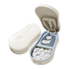 Pill Cutter Splitter for Small and Tiny Pills - Professional Pill Cutter for Small or Large Pills | Wrap-Around Blade Guard | Detachable Nonslip V-Shaped Pad | Easy Open | Back Storage, Cyan (White)