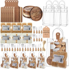 CraftyDream 55 Pcs Baby Shower Prizes for Winners 6 Sets Baby Shower Winners Guest Gifts for Adult Cheese Board Cheese Knives Wooden Coasters Towels Thank You Tags Bag for Wedding Bridal(Acacia Wood)