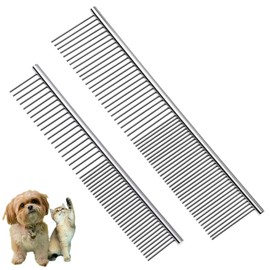 Flezoo 2PCS Dog and Cat Brush, Stainless Steel Dog Grooming Comb Kit, Detangler Deshedding Brush for Long Haired Dogs＆Cats, Dog Tangles Metal Comb＆Knots Hair Remover for Dog＆Cat Undercoat 6.4" 7.5"