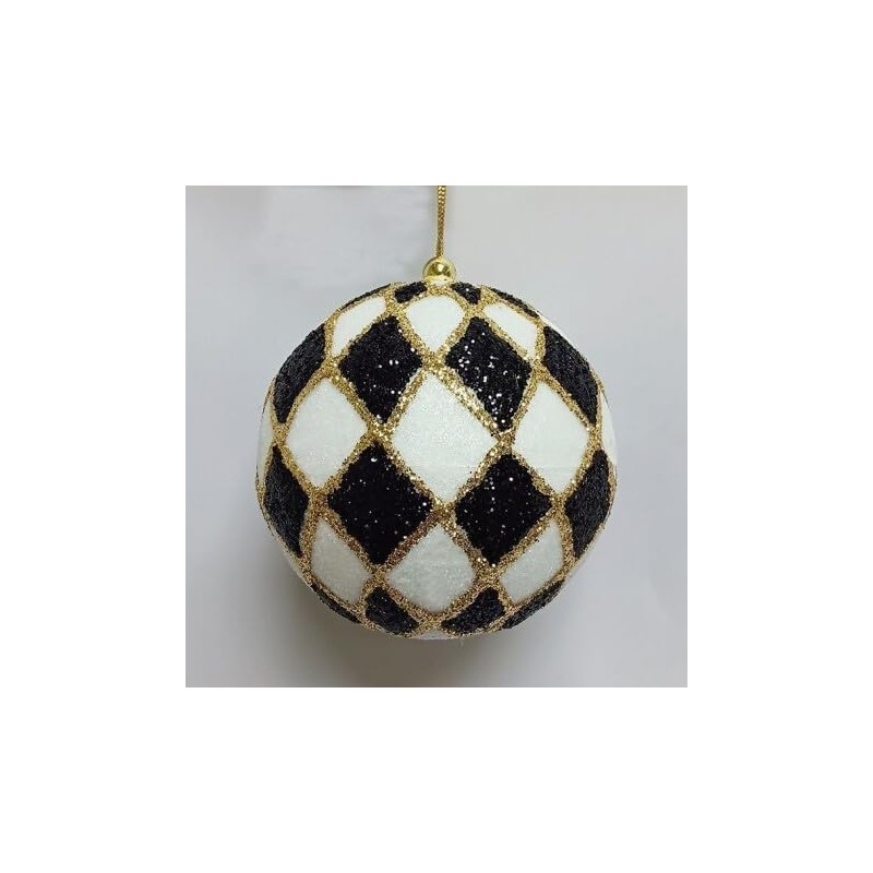 Glitter Ball Ornament, 4 inch, Harlequin Pattern in Black and