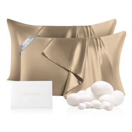THXSILK Set of 2 100% Mulberry Silk Pillowcase for Hair and Skin, Grade 6A+ Mulberry Silk Pillow Cases 22 Momme, Hypoallergenic Pillow Case Cover with Zipper (Queen 20"x30", Taupe)