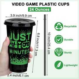 Kochorie 24 Pieces Video Game Plastic Cups 24 Ounces Gaming Party Cups with Lids and Straws Black Green Video Game Tumbler Cups for Birthday Party Video Game Party Supplies Tableware