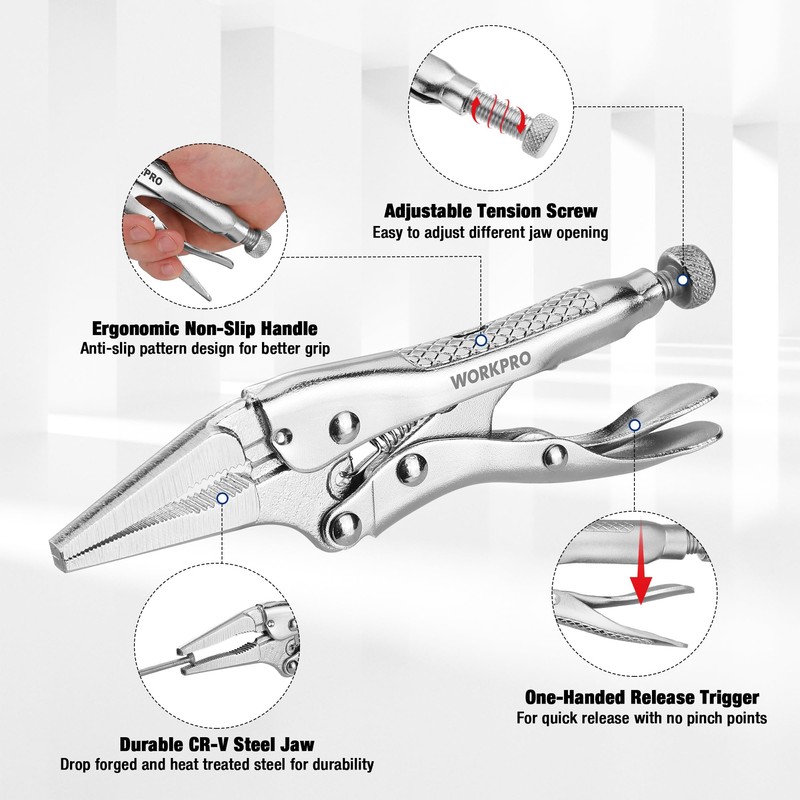 WORKPRO 4-1/2 inch Mini Long Nose Locking Pliers, Chromium-Vanadium Steel
