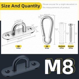 Mardatt 8Pcs M8 304 Stainless Steel Pad Eye Plate U Hooks with Snap Hook Assortment Kit, Marine Hardware Staple Hook Loop and Screws Anchors for Hammock Swing, Oval
