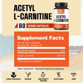 Acetyl L Carnitine Supplement 1000mg - Supports Energy Production, Brain Health, Body Management & Strength - 60 Capsules