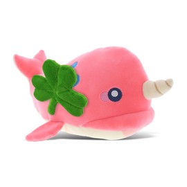 DolliBu Baby Soft Pink Narwhal Stuffed Animal with Green Plush Shamrock, Cute Green Shamrock Plush, St Patricks Day Stuffed Animal Narwhal, Good Luck St Patricks Day Toys for Kids, Baby - 11.75 Inch