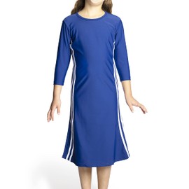 Traje de baño deportivo Tznius de manga 3/4 para niña, cubierta de playa, protección solar UPF 50+, Arrecife en Azul Marino/Blanco, 12