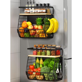 DecruKaltiz Magnetic Shelf for Fridge with Bamboo Lid,Fruit Vegetable Potato and Onion Wire Basket, Refrigerator Magnetic Spice Rack for Countertops, Cabinets, Laundry Rooms and RVs (Black, 2 Pack)
