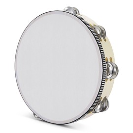 Flexzion Tambourine, Hand Drum with Handle, 25 cm, Wooden Moon Shaped Jinglehead, Music Percussion Instrument, Double Row Bell Ring with 16 Pairs of Metal Jingles, for KTV & Party, Beige