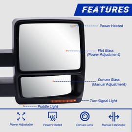 Towing Mirrors a Pair Compatible with Ford F150 2007-2014, Puddle Light, Amber Turn Signal, Electric Adjustable Glass, Heated, Telescopic & Folding,Dual Mirrors