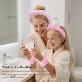 KOEVSU Spa Headband & Wristband Set for Face Washing – Skincare & Makeup Headbands for Women, Girls | Soft Terry Cloth Bubble Headband, Puffy Padded Headwear Non Slip Thick Hair Accessory(Pink)