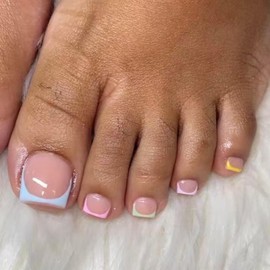 Colorful French Tip Press on Toenails Short Square Fake Toenails Glossy Nude False Toenails Spring Summer Acrylic Toenails Full Cover Glue on Toe Nails Cute Stick on Toenails for Women Manicure 24PCS