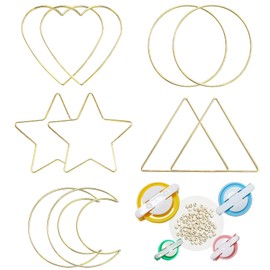 CHELIZIYA 10+4+100 Pcs Dream Catcher Rings Set, Metal Hoops for Crafts, 6 Inches Macrame Rings Gold, 5 Shapes Metal Hoops with 4 Size Pompom Makers and 100 Pcs Wood Beads