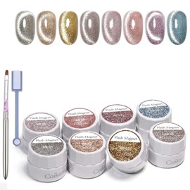Magnetic Gel, Coikaze Flash Magnetic Nails, Aurora Flash Cat Eye Gel, Reflective, Cat Eye, Galaxy Gel Nails, Set of 8 Colors, Magnetic and Brush, UV and LED Compatible