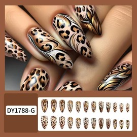 Leopard Press on Nails Medium Almond Fake Nails Fall False Nails with Design Cheetah Glue on Nail Glossy Full Cover Reusable Nail Kit for Women Girl Manicure 24Pcs