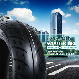 120/70-10 Scooter Tire 54L, 120/70/10 Tubeless Tire with Anti-Slip Street Tread, 120 70 10 City Llanta Neumatico, 250 KPA, High Grip Tread, Black Wall