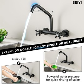 BEIYI Wall Mount Kitchen Faucet 8 Inch Center, 2 Handle Wall Mounted Kitchen Sink Faucet Brushed Nickel 360 ° Swivel Spout Kitchen Faucet with Sprayer