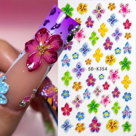 3 Sheets Colorful Flowers Nail Art Stickers Decals Spring Summer 5D Embossed Nail Stickers Pink Blue Green Orange Yellow Floral Nail Decals Supplies for Acrylic Nails Women DIY Manicure Decorations