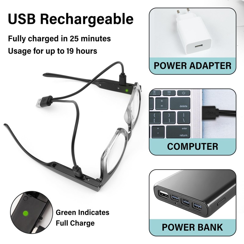 Reading Glasses with Lights USB Rechargeable Magnifying Glasses Lighted Readers
