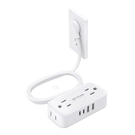 TROND Flat Plug Power Strip 5FT, Small Flat Extension Cord with Multiple Outlets, 4 AC and 4 USB Ports (2 USB C), Wall Mount 900J Surge Protector for Home Office Travel Dorm Room Essentials, White