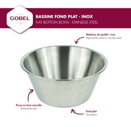 GOBEL - Stainless steel mixing bowl with flat bottom 16 cm - Professional mixing bowl - Large capacity for kitchen and pastry shop - Robust and durable - Dishwasher safe