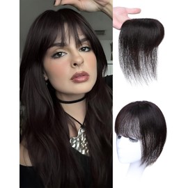 Datanala 100% Real Human Hair 360° Cover French Bangs In Clip Brown Black Bangs Human Hair Clip Hairpieces with Temples Women Air Thinning Curtain Daily Wear