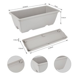 Hananojia 8pcs Window Box Planter, 17 Inches Flower Window Boxes, Rectangle Planters Box with Drainage Holes and Trays, Plastic Vegetable Planters for Windowsill Patio Garden Home Decor Porch Yard (Grey)