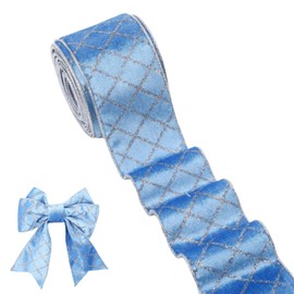 Harrycle 20 Yards Dusty Blue Christmas Velvet Ribbon Wired Metallic Diamond Glitter Grid 2.5 Inch Bow Ribbon for Christmas Tree Decoration Gift Wrapping Bow Making Wreaths Garland Craft Home Decor
