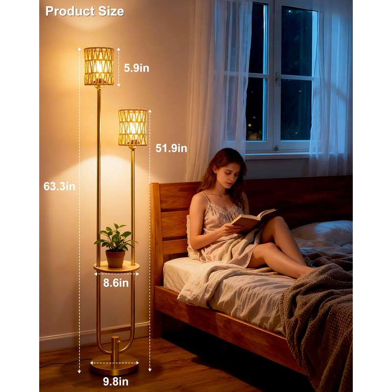 Lightdot 63IN Gold Floor Lamp with 2 Rattan Shades Mid