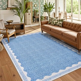 5x7 Rug for Living Room, Scalloped 5 X 7 Area Rugs Washable Non-Slip Solid Blue Modern Minimalism Low-Pile Carpet for Bedroom Dining Nursery Mat with Rubber Back