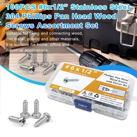 100PCS #6 x 1/2" Wood Screws, Pan Head Phillips Stainless Steel Sheet Metal Screws, Fast Self Tapping Screws for Deck Drywall Concrete Screws with Screwdriver Bit