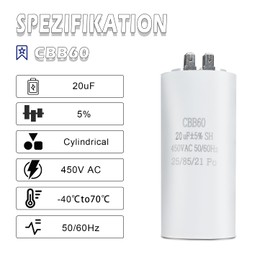 Iruihoo CBB60 Motor Capacitor, 20µF 450V Capacitor 50/60Hz Starting Capacitor 20UF Motor Run Capacitor Plug for Electric Motor