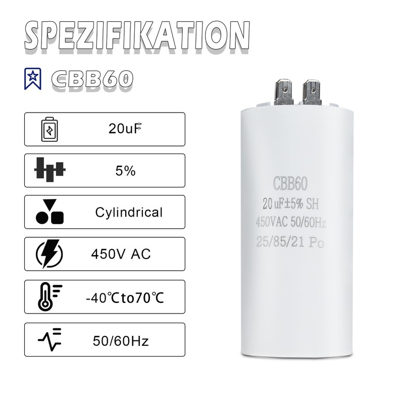 Iruihoo CBB60 Motor Capacitor, 20µF 450V Capacitor 50/60Hz Starting Capacitor
