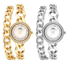 JewelryWe 2pcs Damenuhr Elegant Analog Quarz Armbanduhr 30m wasserdichte Strass Runde Beiläufige Damen Uhr mit Doppelt Panzerkette Metall-Armband und Leuchtend Zeiger Gold/Silber