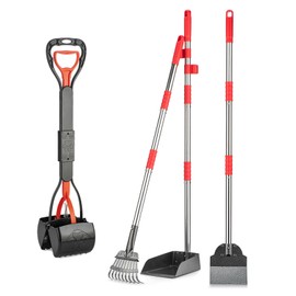 FUSBUNTY Dog Pooper Scooper, Long Handle Pooper Scooper Set with Heavy Duty Stainless Steel Rake, Tray & Spade and 28" Foldable Claw Design Poop Scoop for Pet Waste Removal on Grass, Gravel