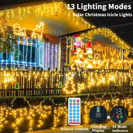 Aolupal Upgraded 640LED Solar Christmas Icicle Lights Outdoor Waterproof,60+16FT 13 Modes & USB Rechargeable Solar Powered Icicle Light for Roof House Yard Christmas Outdoor Decoration (Warm White)