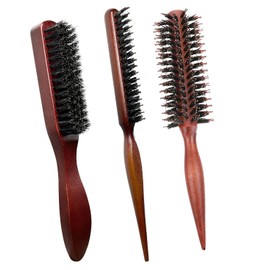 3pcs Bristle Brush Boar Bristle Hair Brush Bristle Round Brush Boar Bristle Hair Brush with Wood Rat Tail Handle Comb Teasing Hair Brush Slick Back Brush for Men Women fit Slicking Hair Beard to Enhance Hair Shine and Smooth.(3 styles)