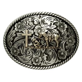 Moranse Religion Cross Cowboy Kneeling Prayer And Horse Design Belt Buckles, Oval Flower Prayer Silver, Medium