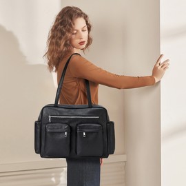 KALIDI Tote Bag Vegan Leather Women Pocket Utility Bag Faux Leather Shoulder Travel Purse Vintage Handbag for Work Dating College, Black