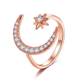 Moon Crescent Star Ring for Women Teen Girls Adjustable Moon Sun CZ Statement Ring Dainty Crystal Crescent Finger Ring (Rose Gold)