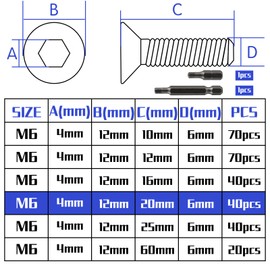 Countersunk Screws Stainless Steel M6 x 20 mm Hexagon Socket M6 Stainless Steel Screws Countersunk Screws Socket Threaded Screws Countersunk Screw with 2 Hexagonal Screwdriver Head DIN 7991/ISO 10642