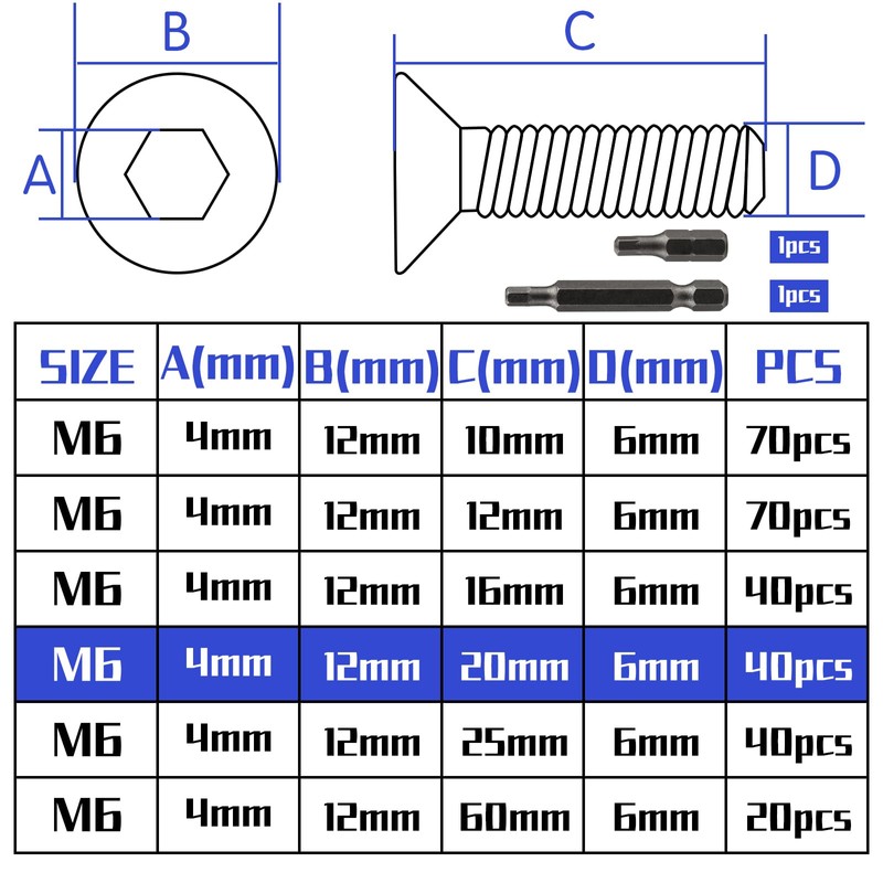 Countersunk Screws Stainless Steel M6 x 20 mm Hexagon Socket